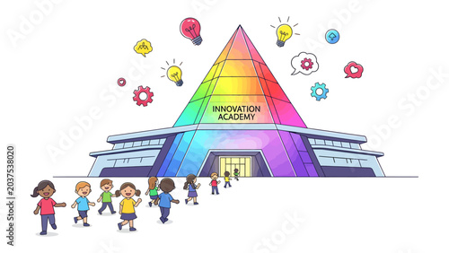 Photos Innovation Academy Pyramid: Children joyfully approach a vibrant, rainbow-colored pyramid-shaped building labeled Innovation Academy, symbolizing learning, creativity, and future potential