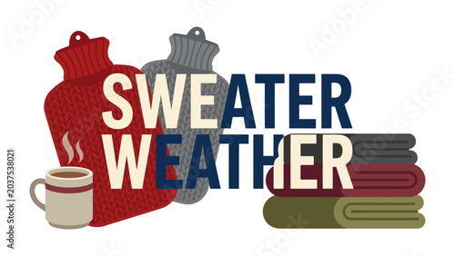 Konstfotografi Sweater Weather Comfort: A cozy arrangement featuring a steaming mug of hot beverage, knitted hot water bottles, and neatly folded warm blankets, symbolizing the comforting embrace of sweater weather