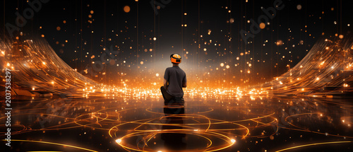 Person wearing virtual reality headset in abstract orange digital space