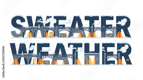 Cuadro en lienzo Winter Wonderland Typographic Art: Creative typography spells out SWEATER WEATHER with charming winter village illustrations integrated into the letters, evoking a cozy and festive seasonal mood
