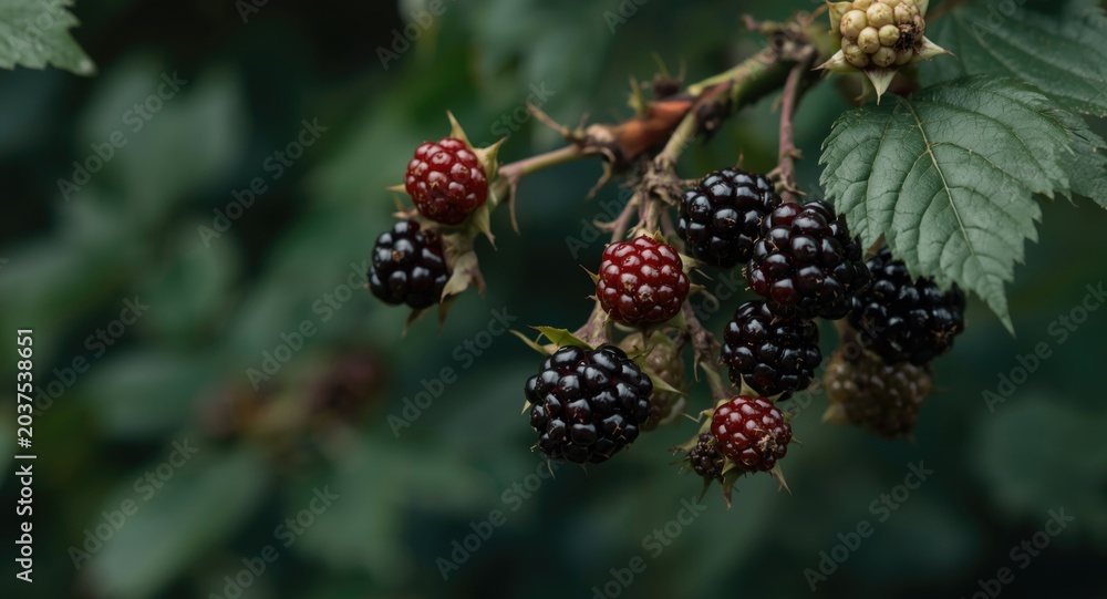 Fototapeta premium Black Satin blackberry plant with ripe dark berries on thorny stems