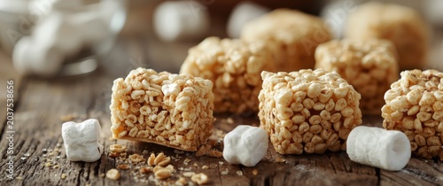 Bite-Sized Marshmallow Rice Krispie Treats Rustic Wooden Background, Warm Lighting