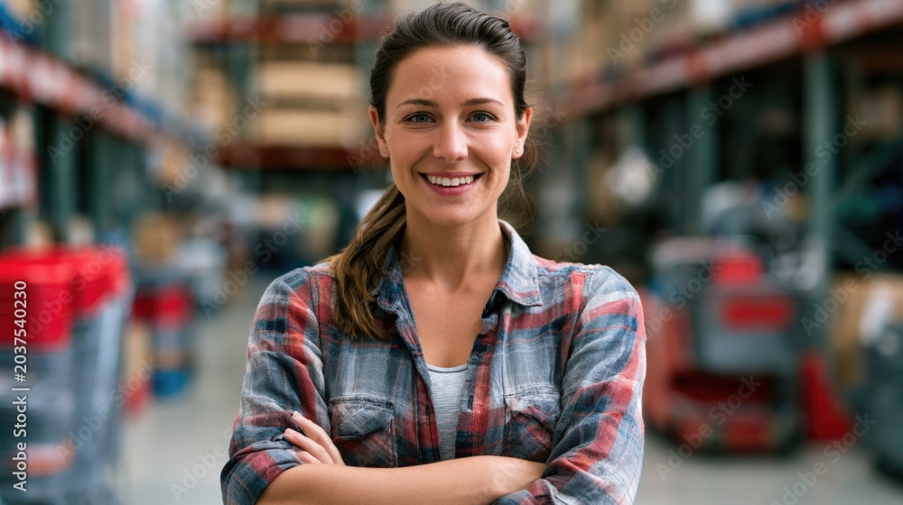 Fototapeta premium A confident young woman in a plaid shirt smiles with arms crossed in a large warehouse filled with shelves and boxes.