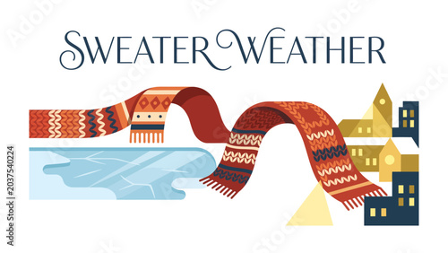 Bild auf Leinwand Sweater Weather Scene: A whimsical illustration depicts a cozy winter scene with a knitted scarf draped over icy water and charming buildings