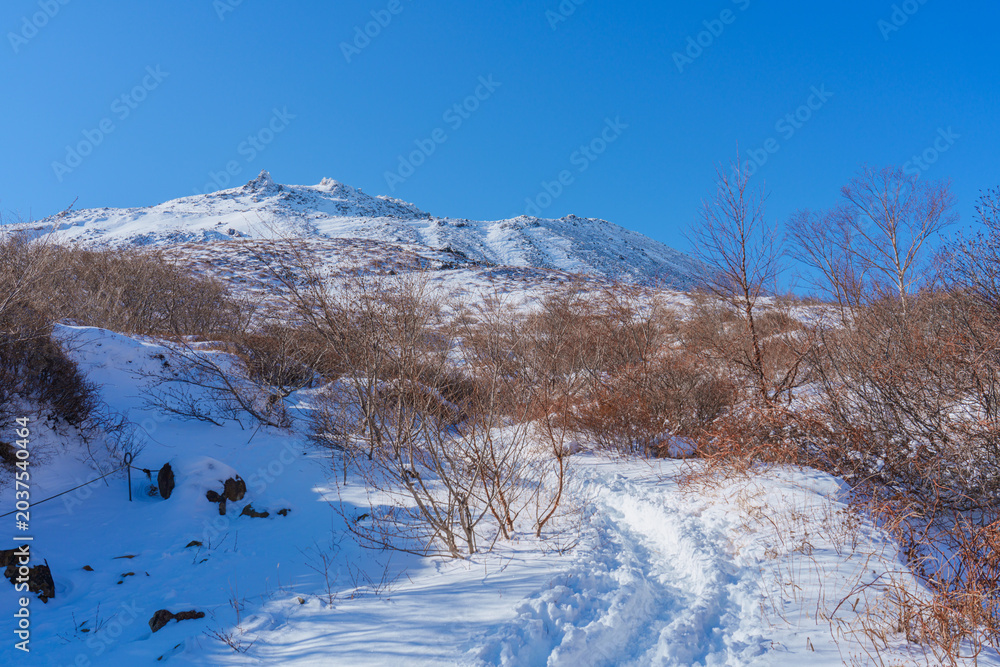 Obraz premium 百名山登山 初冬の那須岳 雪化粧した山並みと青空の絶景