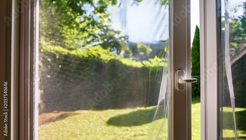 white frame mosquito net covering sliding door protecting house interior from insects and bugs during summer day allowing fresh air to enter and providing view of blurred green garden outside