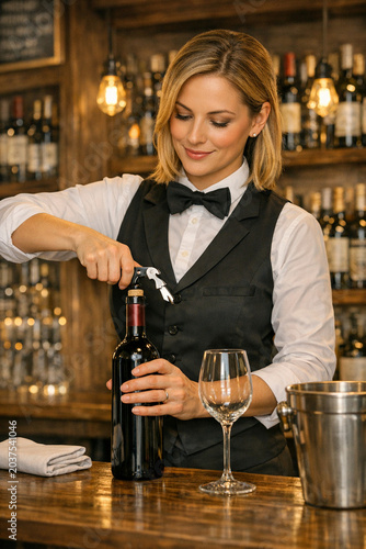 wine bar barwoman uncorking a bottle of wine AI generated