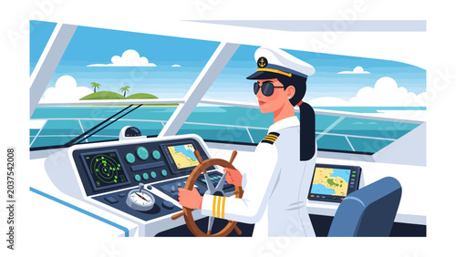 Konstfotografi Captain at the Helm: A female captain in a white uniform and hat confidently steers a yacht through the open sea, surrounded by the vast expanse of blue water and a clear sky