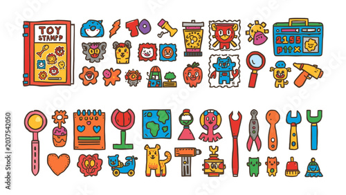Foto Creative Cartoon Icons Collection: A vibrant assortment of playful and imaginative cartoon-style icons, featuring whimsical characters, tools, objects, and abstract shapes