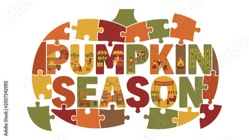 Konstfotografi Pumpkin Season Puzzle: A vibrant graphic design shaped like a pumpkin, formed by puzzle pieces that spell out PUMPKIN SEASON, featuring autumnal imagery within each letter