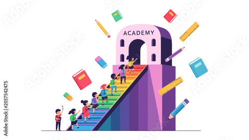 Canvas-taulu Ascending to Knowledge: A vibrant illustration depicts a colorful staircase leading up to an academy building, with children excitedly climbing towards learning, surrounded by floating books, pencils