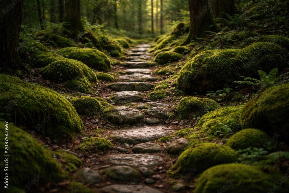 Fototapeta premium Forest floor featuring a stony path blanketed by vibrant green moss
