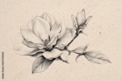 Monochrome magnolia botanical illustration with soft shading for cards and invites