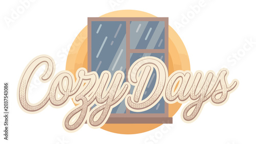 Bild auf Leinwand Cozy Days Window Illustration: A charming illustration depicts a window with rain streaks on the glass, set against a soft, warm circular background