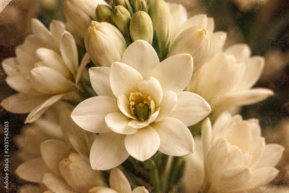 Fototapeta premium Delicate vintage effect on blooming white tuberose petals