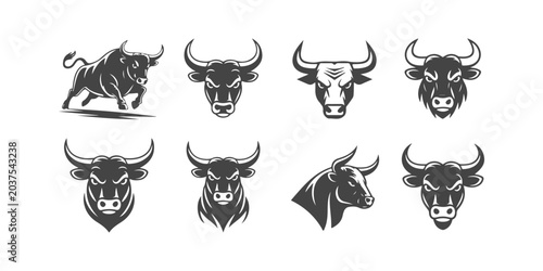 A black and white vector set showcasing nine unique, high-contrast silhouettes and illustrations of fierce bull heads. Ideal for sports mascots, logos, and emblems.