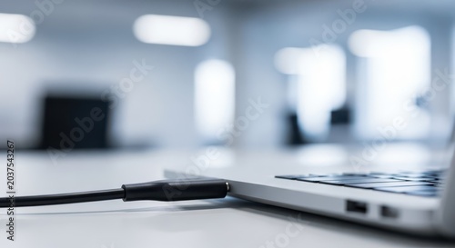 Close-up macro detail of a laptop receiving power from a black charging cable connected to its port