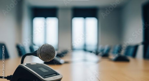 Close-up of a conference microphone on a wooden table in a modern meeting room with blurred background