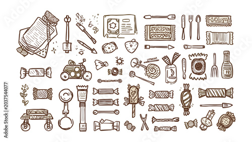 Fotografia Sweets and Treats Collection: A charming hand-drawn illustration featuring a diverse assortment of confectionery and sweet treats, perfect for adding a touch of playful delight to your designs