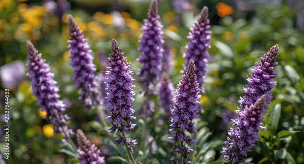 Obraz premium Beautiful purple flowers in full bloom in a sunny garden