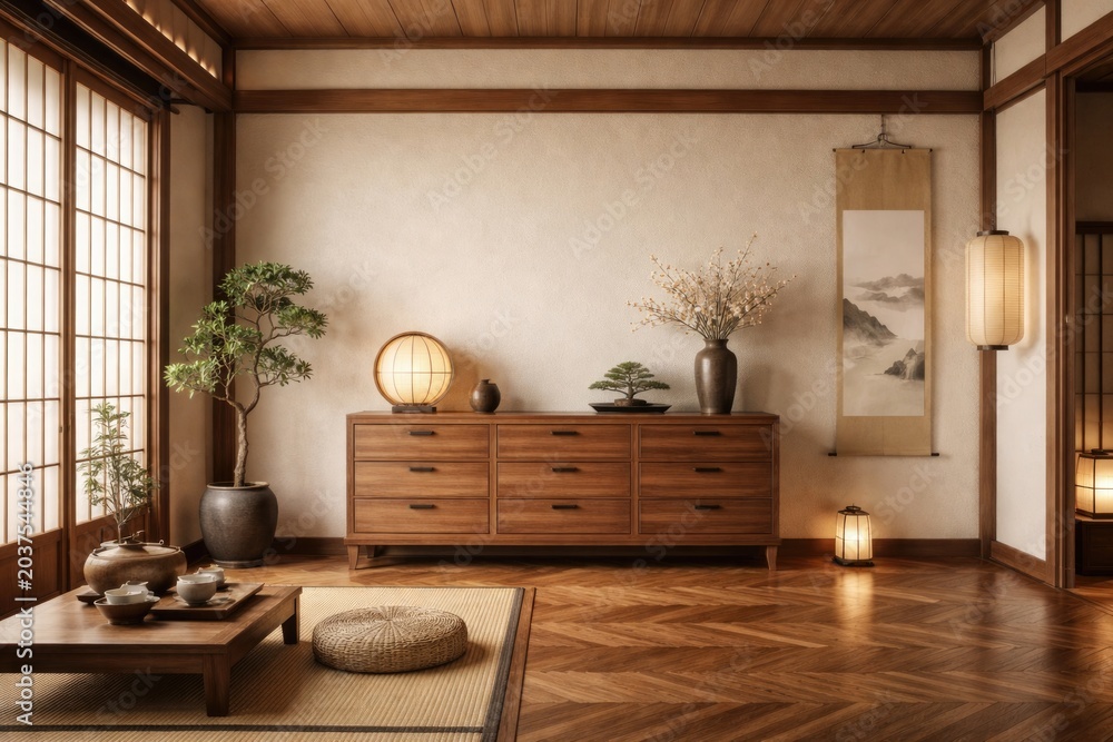 Fototapeta premium Elegant Japanese room design with wooden dresser, wall mockup, and parquet flooring