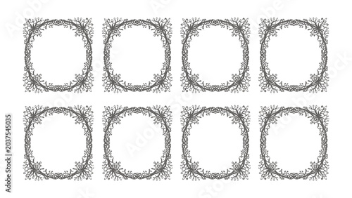Schilderij op canvas Abstract Geometric Frame Pattern: A decorative arrangement of eight identical circular, ornate geometric frames with intricate detailing, presented in a neat grid layout on a clean background