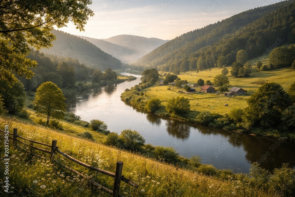 Obraz premium Peaceful rural area showcasing a river bending among hills