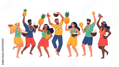 Tablou pe pânză Tropical Celebration: A vibrant group of people enjoy a festive tropical gathering, complete with leis, fruit, and tropical drinks, dancing with joy and abandon