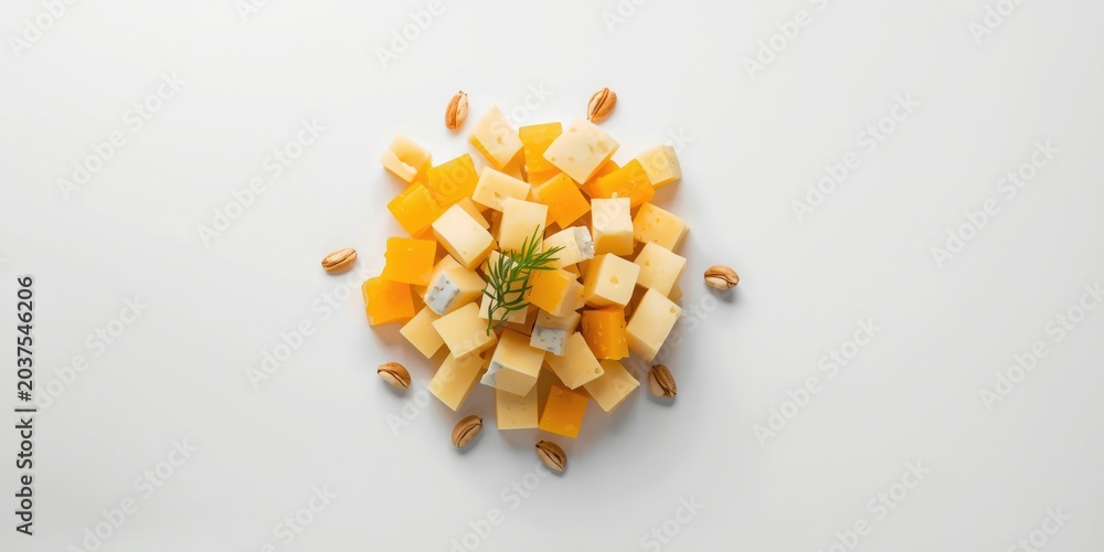 Fototapeta premium Cheese cubes variety styled against a crisp white studio backdrop