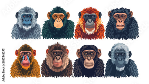 Fotografija Diverse Primate Portraits: A collection of eight distinct primate portraits, each showcasing a unique species of monkey or ape with varied fur colors and facial features