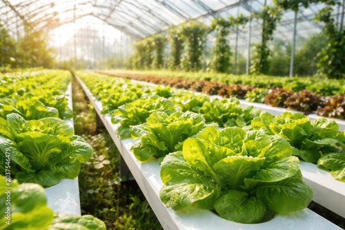 Organic hydroponic produce growing healthfully in a greenhouse with copy space