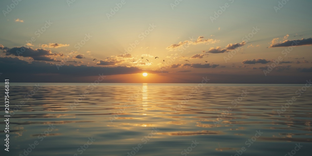 Obraz premium Calm sea horizon at golden hour with flying birds and glowing clouds reflected in placid water