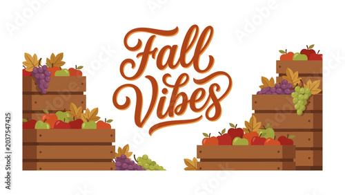 Bild auf Leinwand Fall Vibes Rustic Harvest: Rustic wooden crates overflow with a vibrant assortment of autumn fruits, including grapes, apples, and pears, complemented by scattered fall leaves