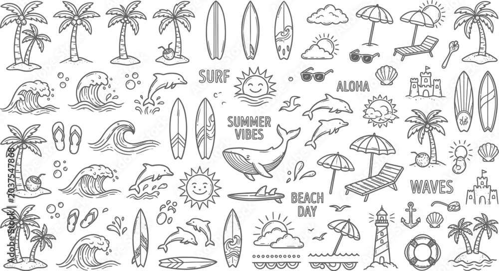 Fototapeta premium Beach Summer Vibes Collection: Surf, Waves, Palm Trees, and Sea Creatures Illustrations