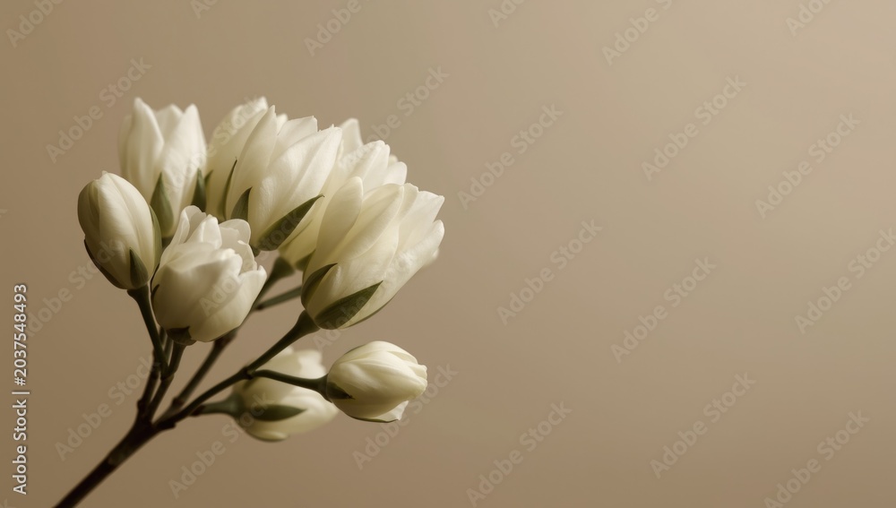 Obraz premium Arabian jasmine buds displayed on an even toned minimal background with copy space