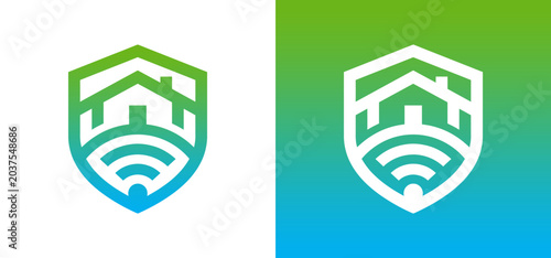 Smart home security shield icon with wifi signal symbol security technology connection wireless protection business logotype branding automation internet minimalist identity property