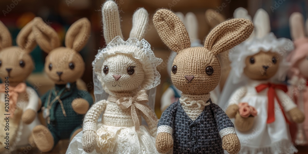 Fototapeta premium Beautifully crafted knitted rabbits in wedding costumes for gift exchange