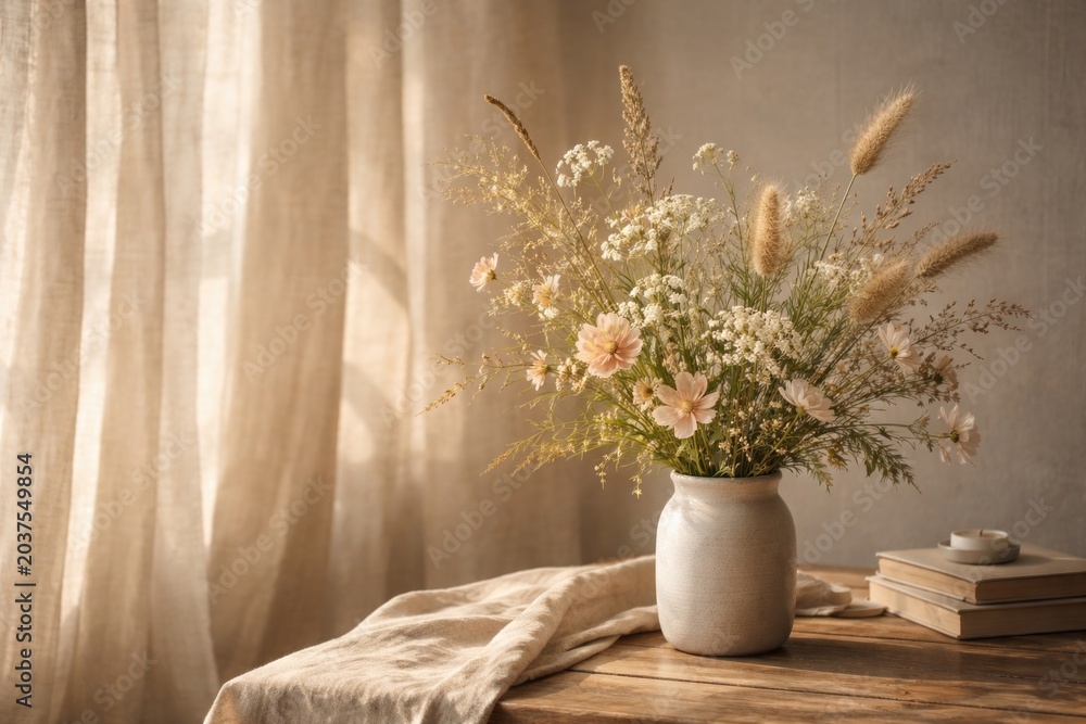 Fototapeta premium Simple floral display with natural grasses against linen curtains with warm sunlight