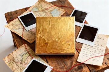 Golden canvas with maps and photos
