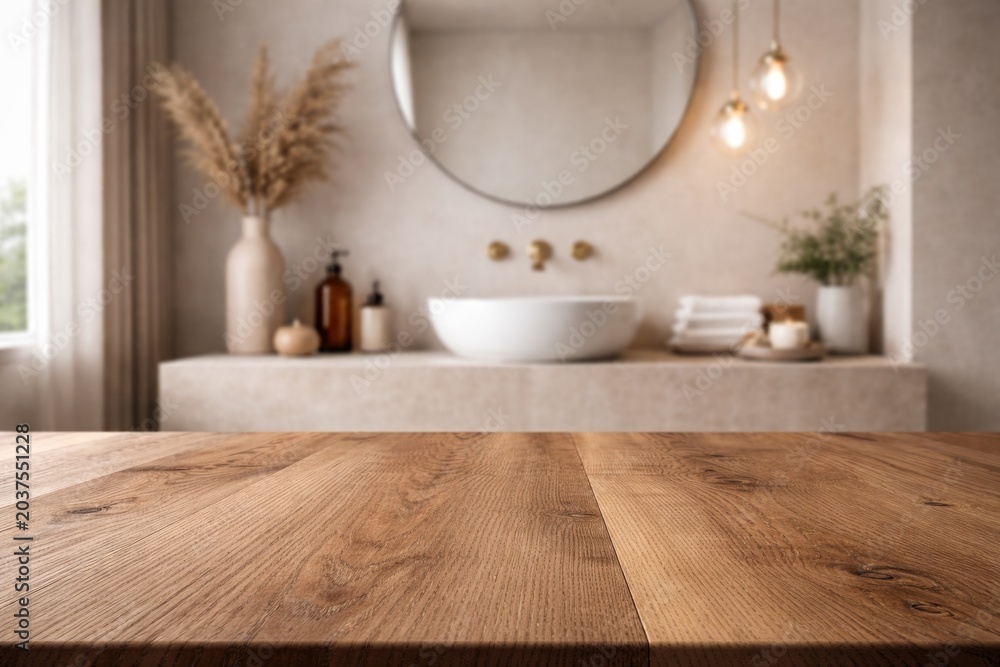 Fototapeta premium Smooth wooden table texture alongside modern bathroom decor