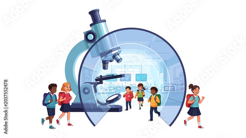 Photos Science Education Discovery: Children embark on a journey of scientific discovery, walking towards a large, stylized microscope representing learning and exploration in education