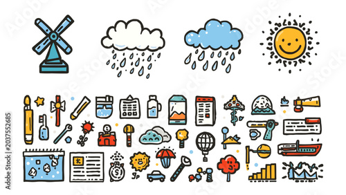 Photography Weather and Technology Icons: A vibrant collection of hand-drawn icons representing various weather phenomena and technological elements, perfect for illustrating concepts and data