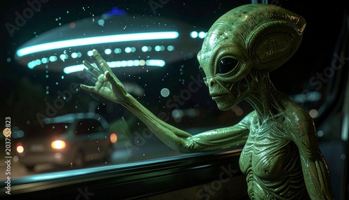 Alien Encounter: A detailed, realistic depiction of an extraterrestrial being with a distinctly green complexion and large, dark eyes.