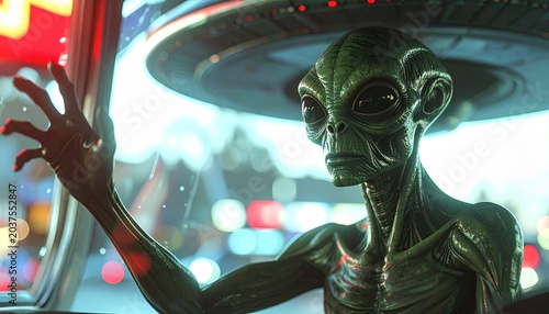 Mysterious Encounter: A close-up shot of a green alien with large eyes and thin fingers, looking out a window with a blurred cityscape in the background, evoking curiosity and a sense of wonder.