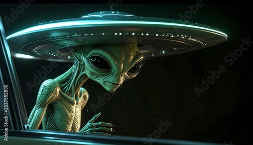Alien Encounter in a Flying Saucer: A close-up, detailed illustration of a classic green alien with large, dark eyes peering out from the window of a futuristic flying saucer.