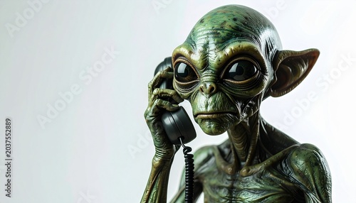 Alien Communication Device: A close-up shot of a green alien with large dark eyes holding an old-fashioned telephone receiver to its ear, suggesting extraterrestrial contact or a vintage sci-fi theme.