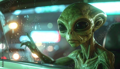 Alien Encounter in a Vehicle: A curious alien with large eyes and green skin peers out from inside a vehicle, with a blurred cityscape and neon lights visible in the background.