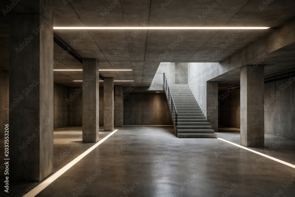 Naklejka premium Minimalist basement space with concrete structural columns stairs and ceiling featuring illuminated pathways and industrial fixtures