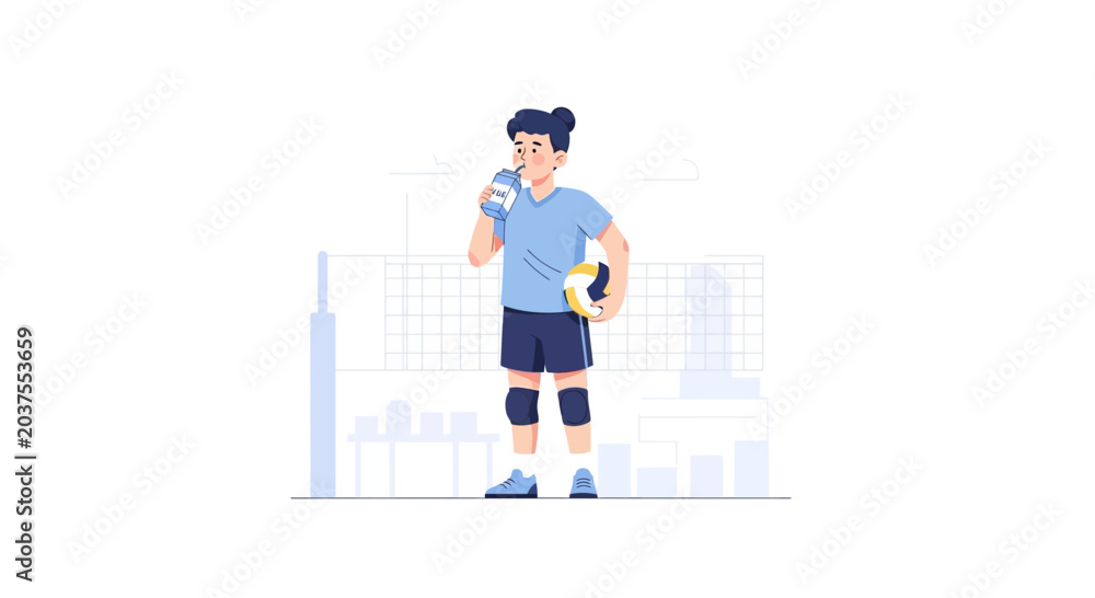 Obraz premium Volleyball player drinking water after game, holding ball, wearing knee pads