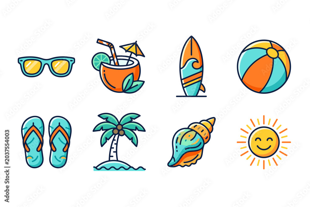 Fototapeta premium Summer Vacation Icon Set with Beach Objects and Tropical Elements